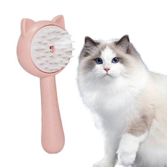 Cat grooming brush with water spray next to a cat on a blue background
