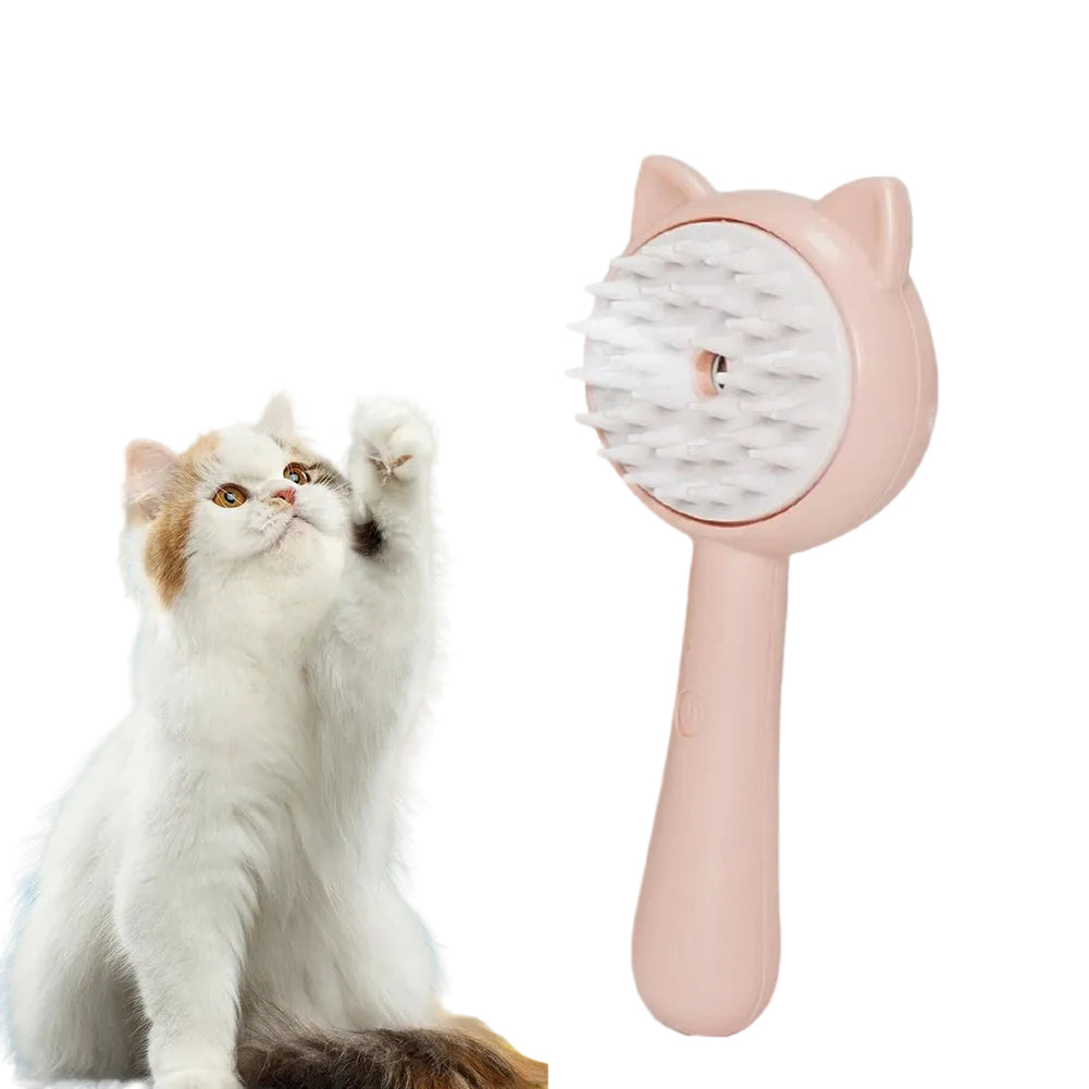 Cat playing with a pink pet grooming brush on a blue background