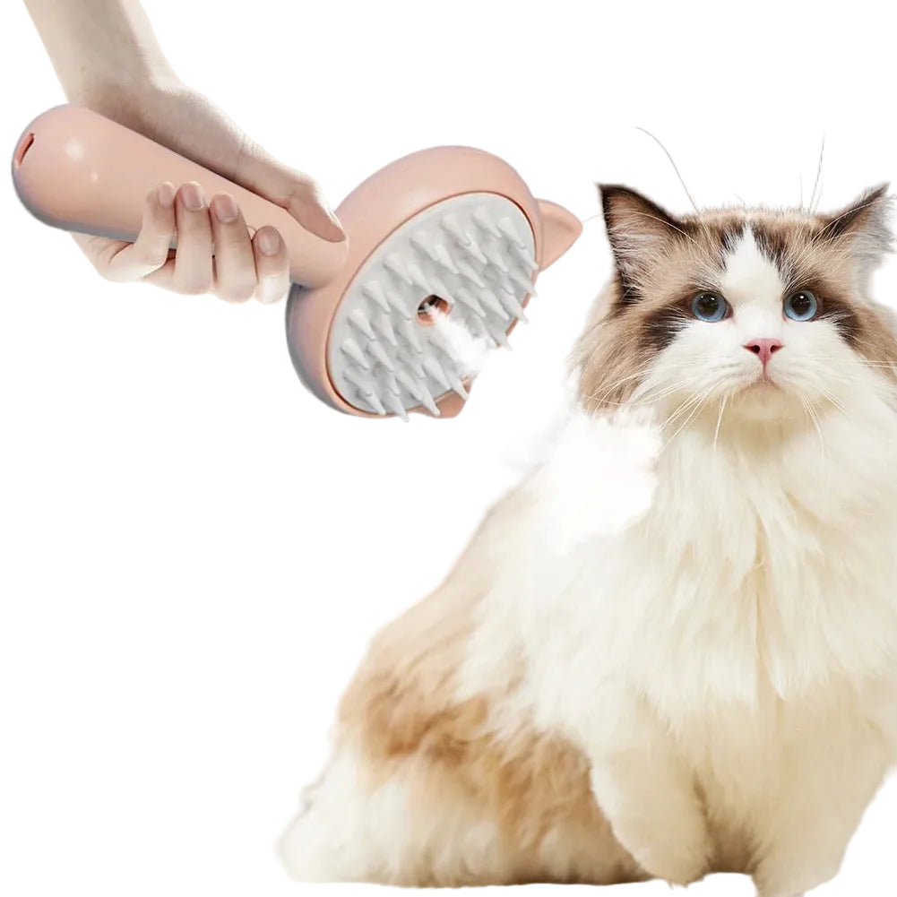 Person grooming a fluffy cat with a pet grooming brush in a home setting