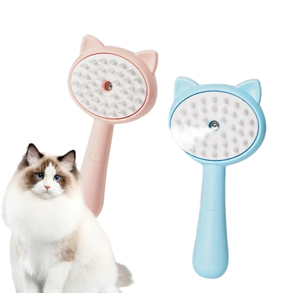 Two cat-shaped grooming tools with a fluffy white cat sitting next to them on a light blue background.